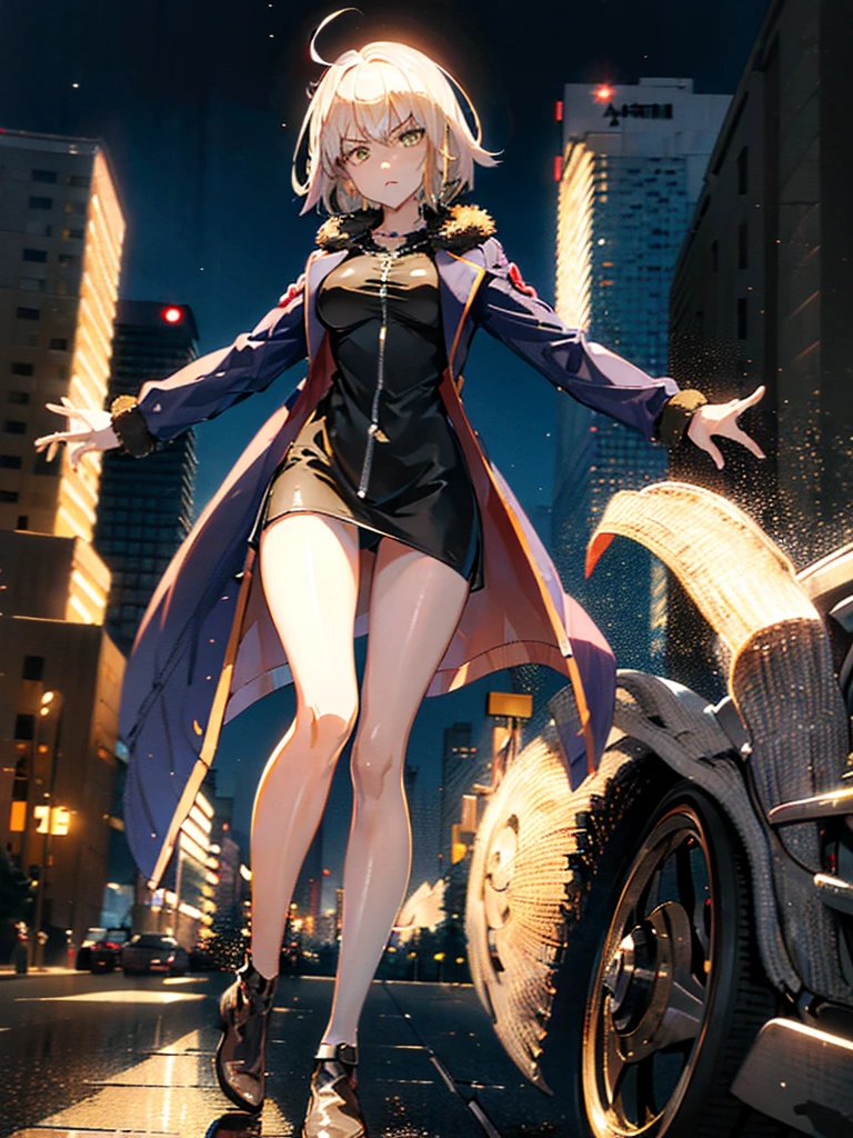 ((masterpiece)), (((HDR))), ((best quality)), (ultra high quality), (hi-res), ((absurdres)), (cowboy shot), ((1woman)), (ModernCloth, Shinjuku), short blonde hair, straight hair, long dark jacket, perfect body, perfect anatomy, long legs, bare legs, (((thigh gap))), annoyed expression, facing camera, ((dynamic)), in a city, nighttime, additional lighting, moon,