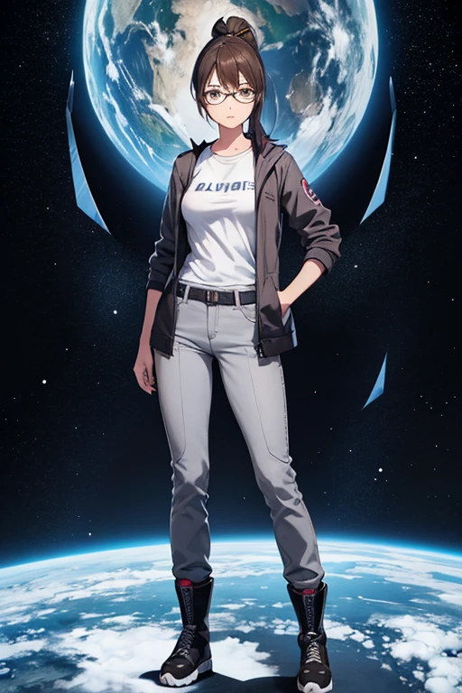 Anime drawings、Full body portrait、Space SF Captain、A woman, about 28 years old, standing upright, about 165cm tall, wearing a grey jacket, white T-shirt and shorts.、Laughing with mouth open、Hairstyle is semi-long straight、Blonde、Blue Eyes、Socks and sneakers、Cap