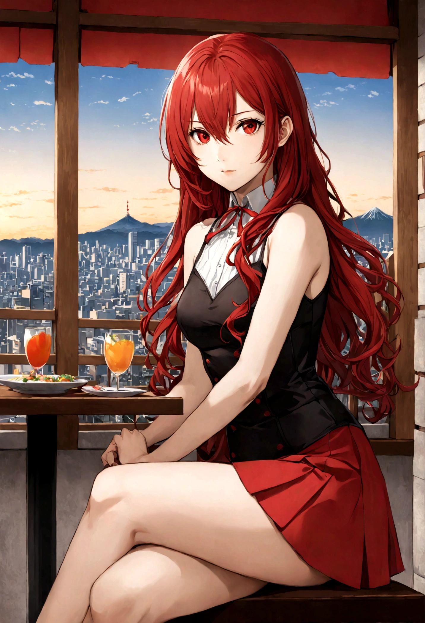 ((masterpiece, best quality)) Persona3ReloadMitsuru, 1girl, solo, long hair, red hair, 
wavy hair, red eyes, on the restaurant, minidress, japonese city in the background, sitting cross-legged, 18 years old,