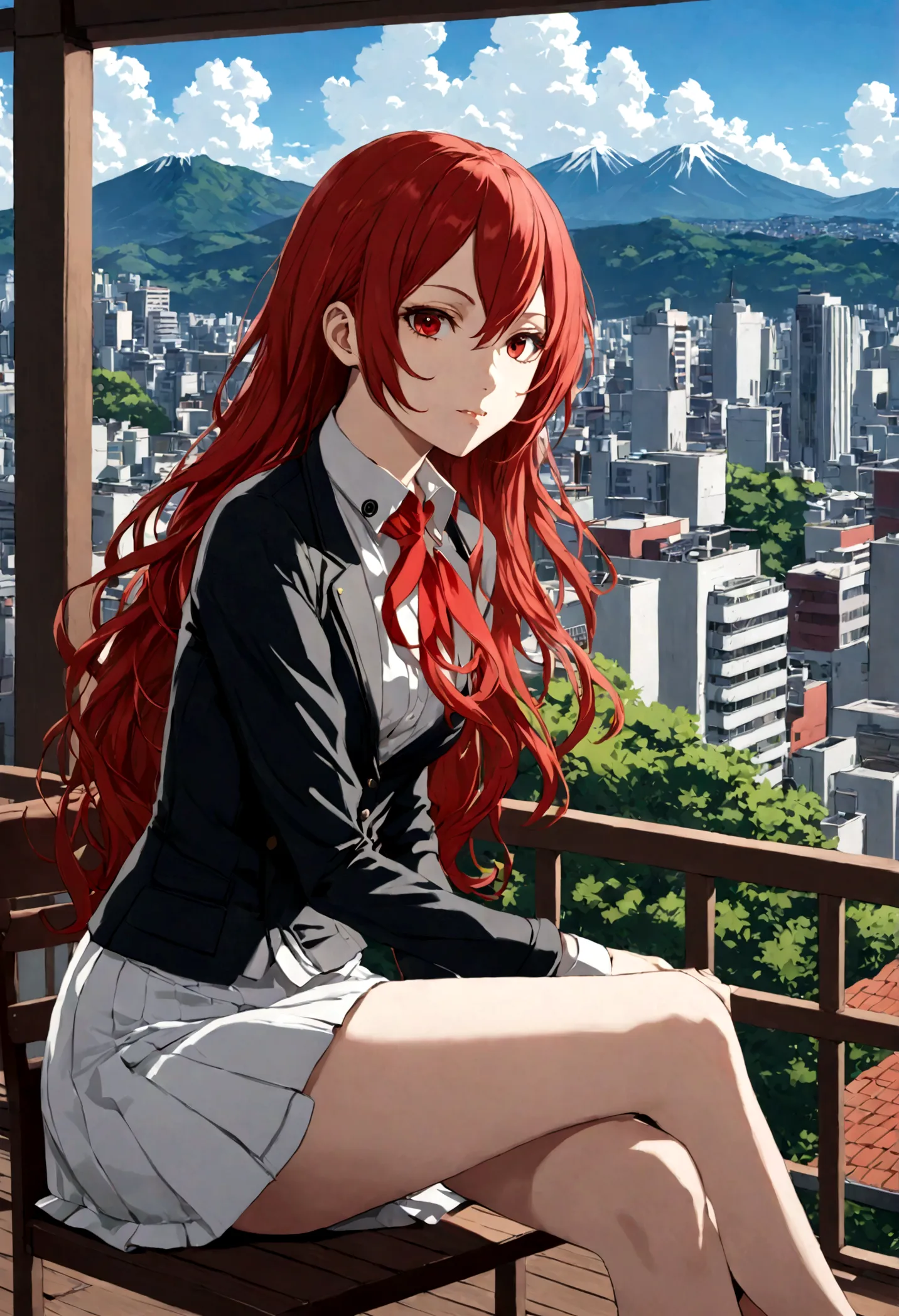 ((masterpiece, best quality)) persona3reloadmitsuru, 1girl, solo, long hair, red hair, 
wavy hair, red eyes, on the restaurant, ...