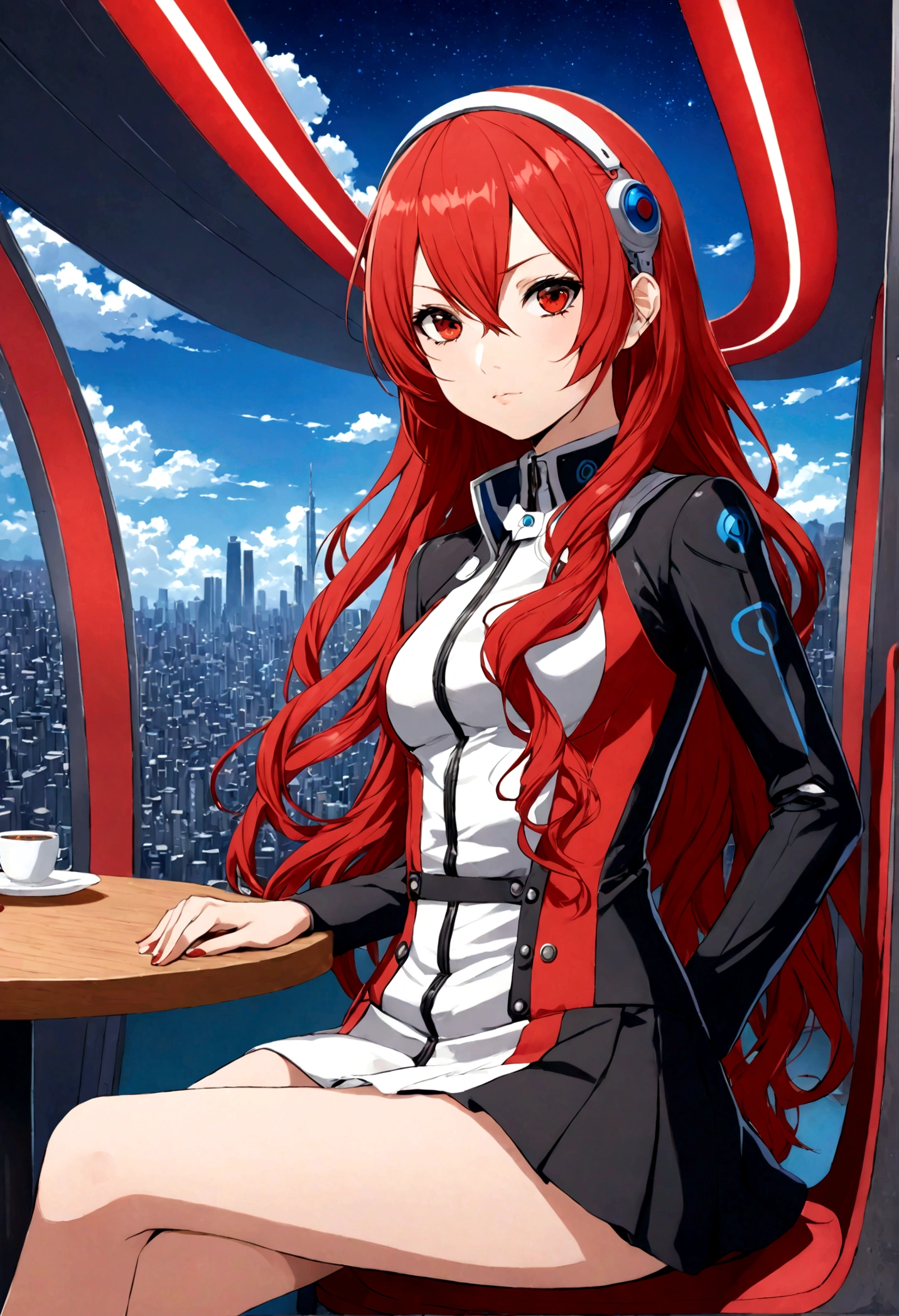 ((masterpiece, best quality)) Persona3ReloadMitsuru, 1girl, solo, long hair, red hair, 
wavy hair, red eyes, on the restaurant, minidress, japonese city in the background, sitting cross-legged, 18 years old,