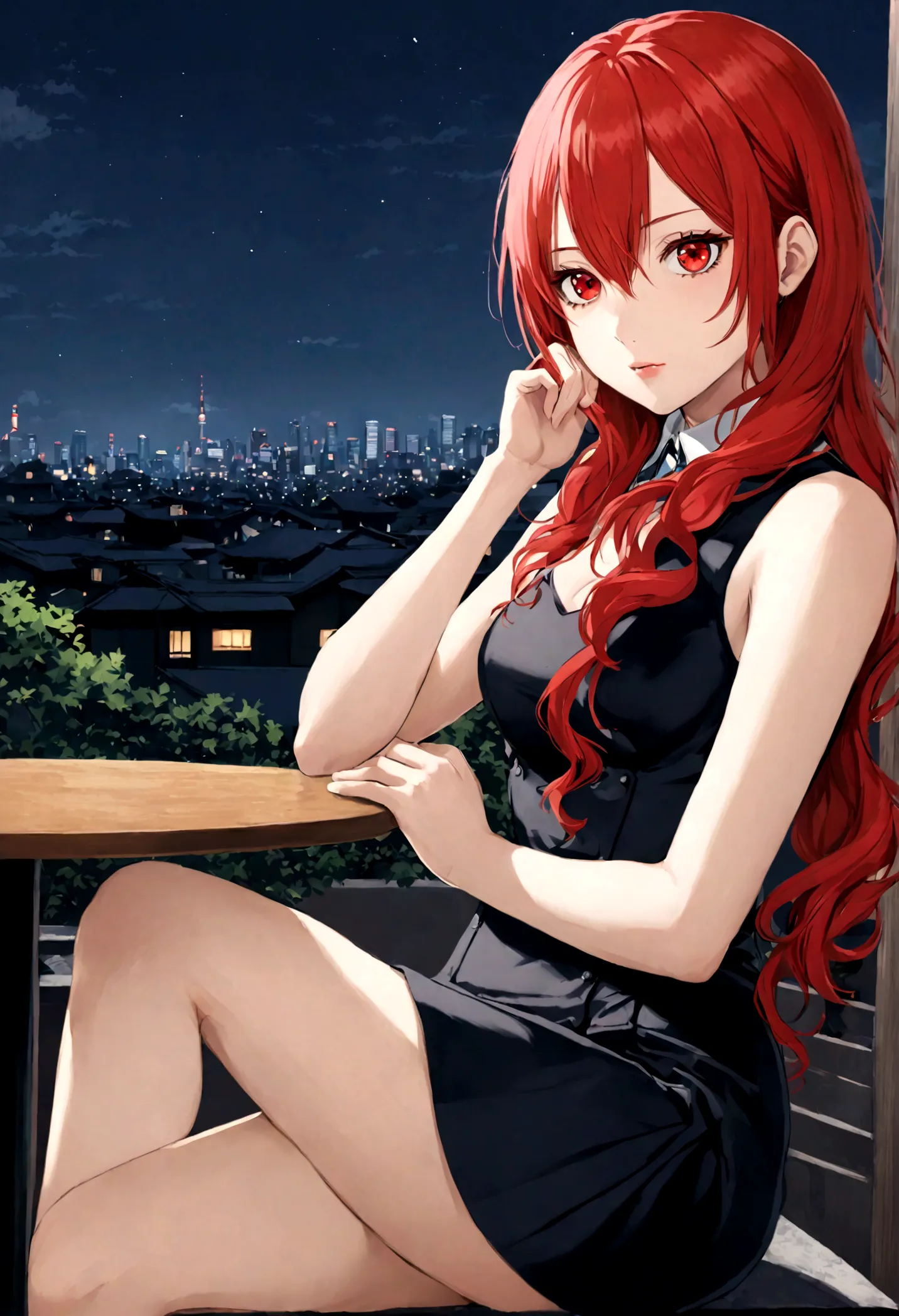 ((masterpiece, best quality)) persona3reloadmitsuru, 1girl, solo, long hair, red hair, 
wavy hair, red eyes, on the restaurant, ...