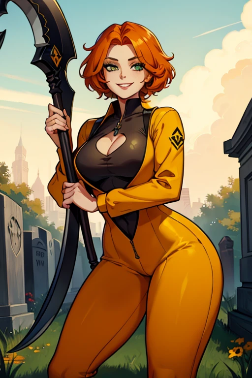 An orange haired female reaper with green eyes with an hourglass figure in yellow jumpsuit is smiling in a cemetery with a scythe