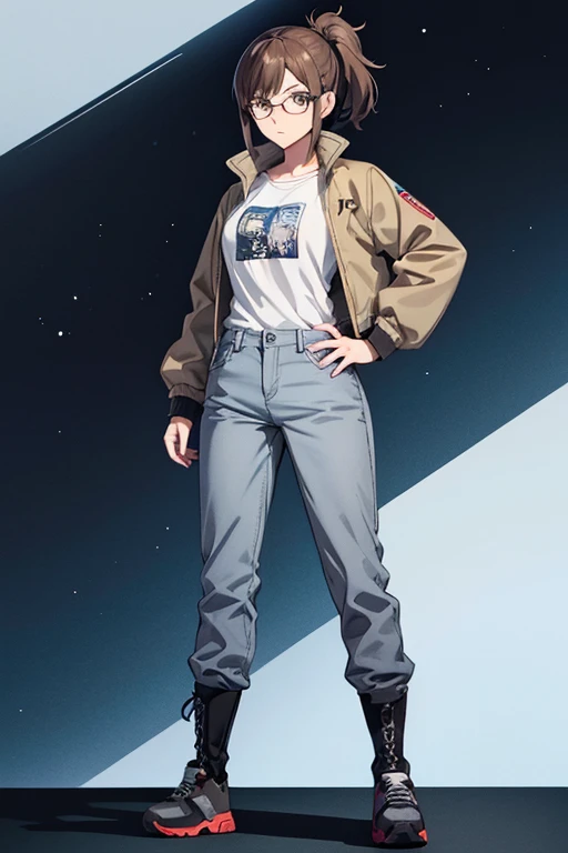 Anime drawings、Full body portrait、Space SF Captain、A woman, about 28 years old, standing upright, about 165cm tall, wearing a grey jacket, white T-shirt and shorts.、Laughing with mouth open、Hairstyle is semi-long straight、Blonde、Blue Eyes、Socks and sneakers、Cap