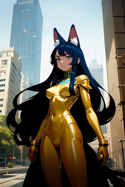 A woman with long black hair stands in a futuristic egip city at noon. She has a brown body color. The tail is fluffy and large....