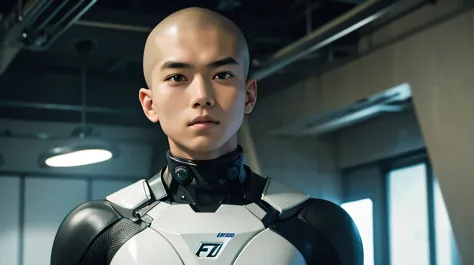 Handsome Japanese 17 year old　Baby Face　Beautiful boy　　Shaved head　　　　Tight rubber suit　Half Body Nude　SF 　future　universe　Scien...