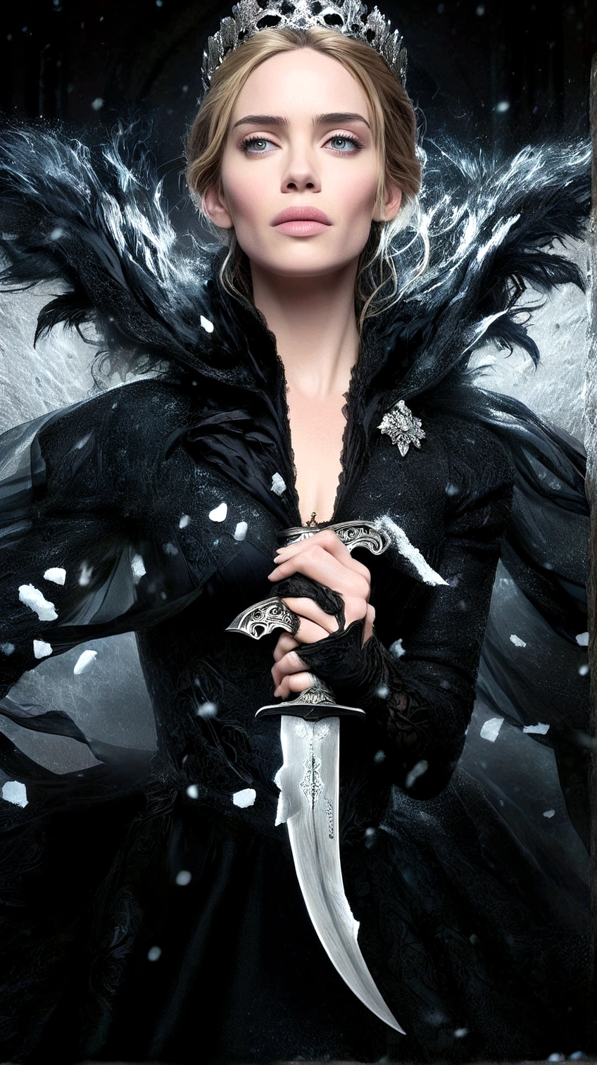 a close up of a woman holding a knife in a black dress, portrait of emily blunt as queen, poster shot, emma watson as the queen of ice, villainess, she is holding a sword, cate blanchett as medieval queen, movie promotional image, edited, key art, movie poster character, mobile wallpaper, kate beckinsale weared as thief, character poster