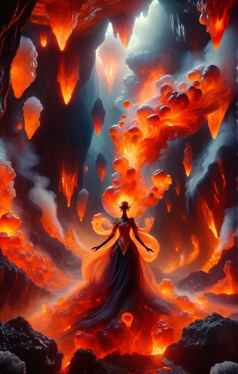Темный и угрюмый портрет демона-эмиссара Dreamscape посреди темно освещенной пещеры из вулканического кристалла, где она плавает среди потоков магмы со своим завораживающим лицом и своей (прозрачное платье развевается:1.4) среди пропитанного дымом воздуха. . сюрреалистический, Эфирный, мечтательный, загадочный, Фантазия, очень подробный
