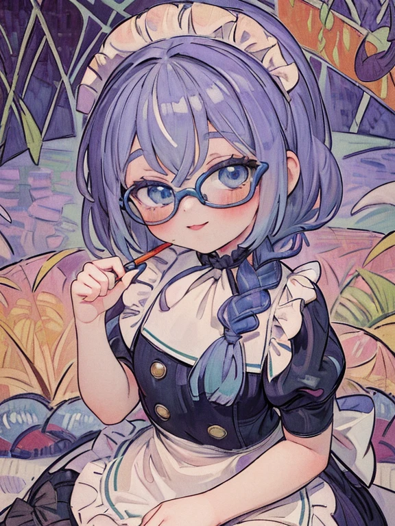 8k, (Fauvism:1.8),  girl, blue eyes, Glasses, Silver Hair, Long Hair, Braid, Black maid outfit