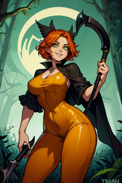 An orange haired female reaper with green eyes with an hourglass figure in yellow jumpsuit is spinning her scythe in the creepy woods with a big smile