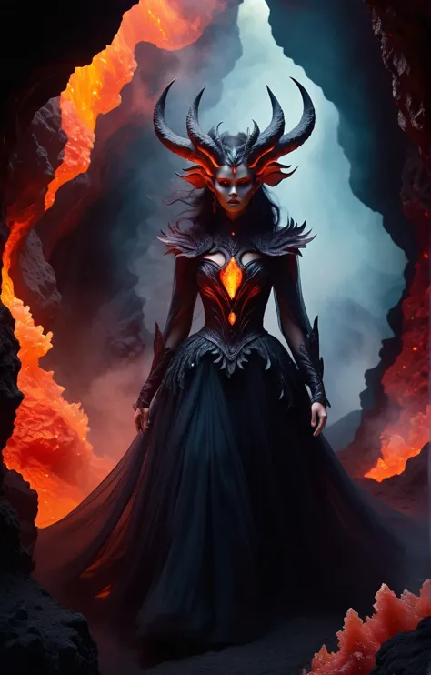 dreamscape dark and moody portrait of a demon emissary in the midst of a darkly lit volcanic crystal cave where she floats among...