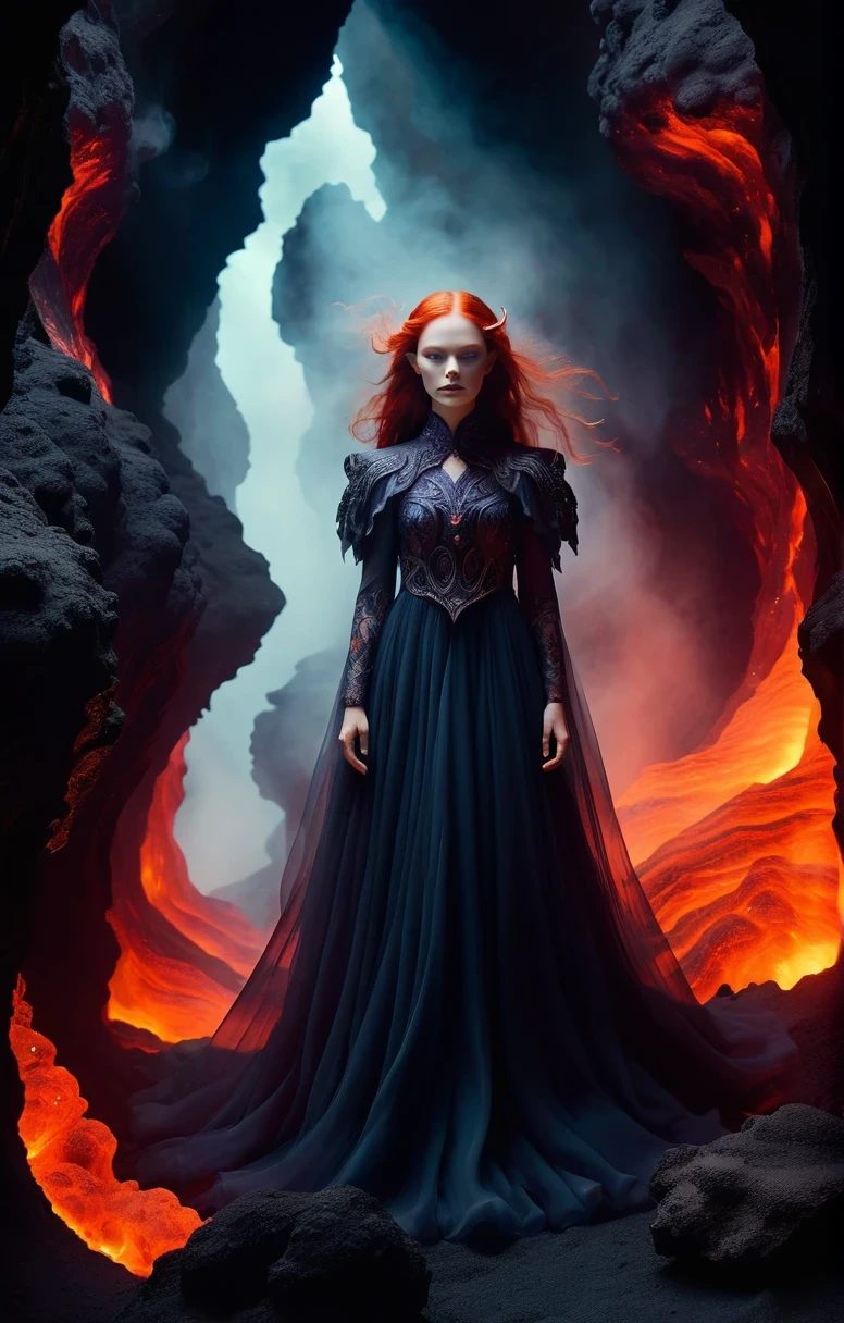 Dreamscape dark and moody portrait of a demon emissary in the midst of a darkly lit volcanic crystal cave where she floats among the magma flows with her mesmerizing visage and her (diaphanous dress billowing:1.4) amongst the smoke filled air. . Surreal, ethereal, dreamy, mysterious, fantasy, highly detailed