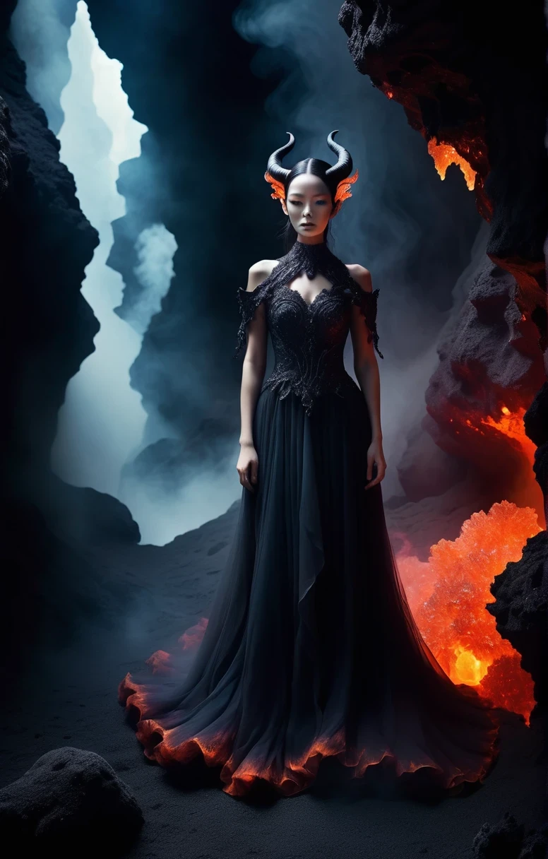 Dreamscape dark and moody portrait of a demon emissary in the midst of a darkly lit volcanic crystal cave where she floats among the magma flows with her mesmerizing visage and her (diaphanous dress billowing:1.4) amongst the smoke filled air. . Surreal, ethereal, dreamy, mysterious, fantasy, highly detailed