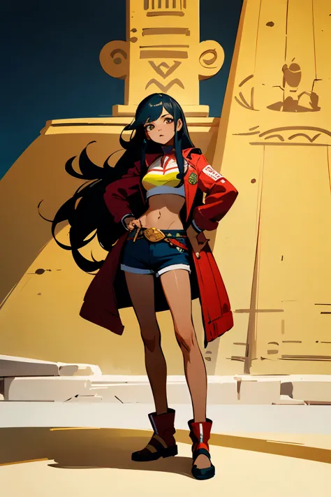((best quality)), ((masterpiece)), (detailed), 1girl, long black hair, brown skin tone, red jacket up to the waist, shorts lowle...