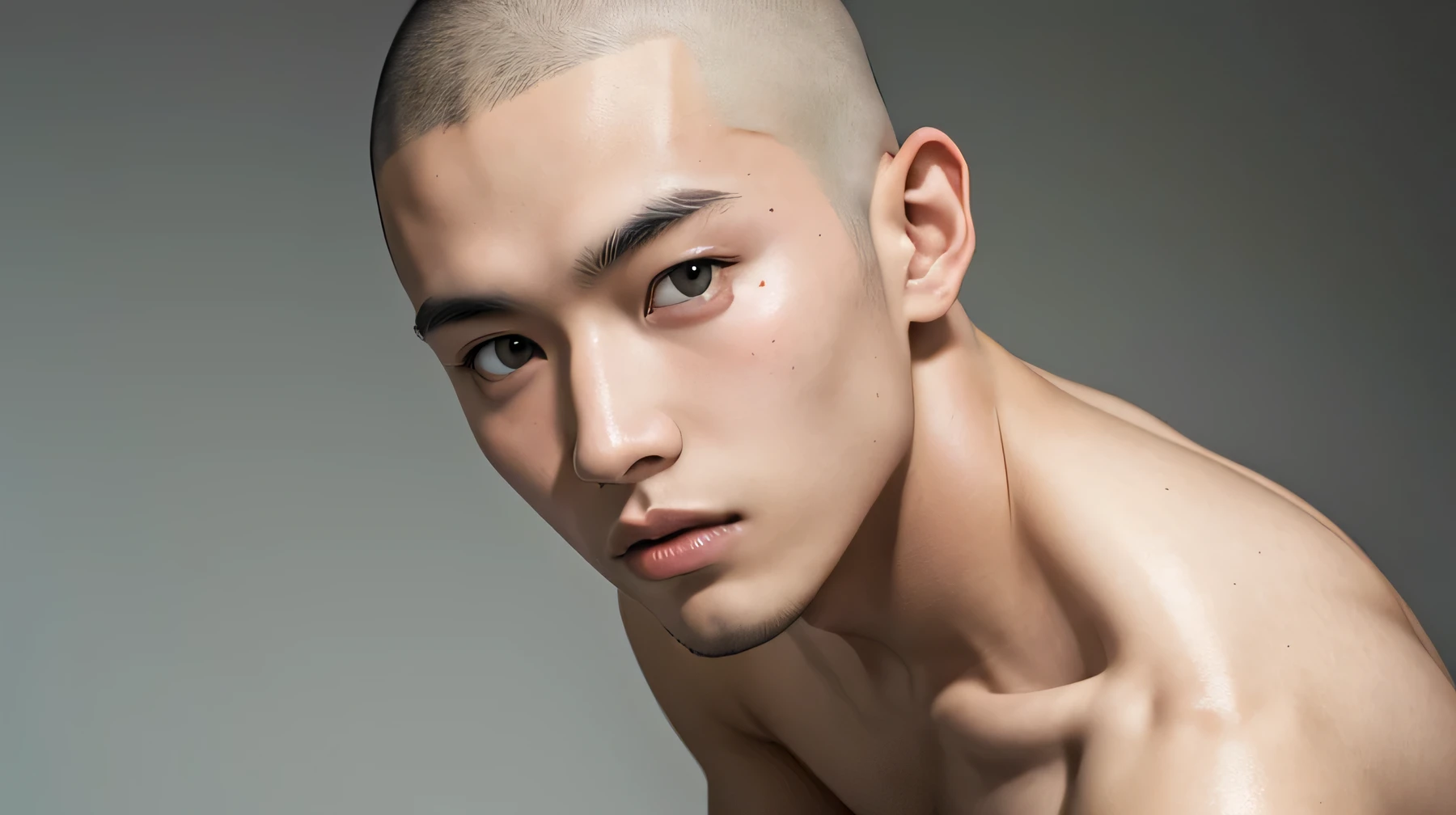 Handsome Japanese male model, 21 years old　Shaved head　Skinhead　Staring straight into the camera　Beautiful Skin　Nude from the shoulders up　ID photo　The whole head fits in　　Gray tone plain background