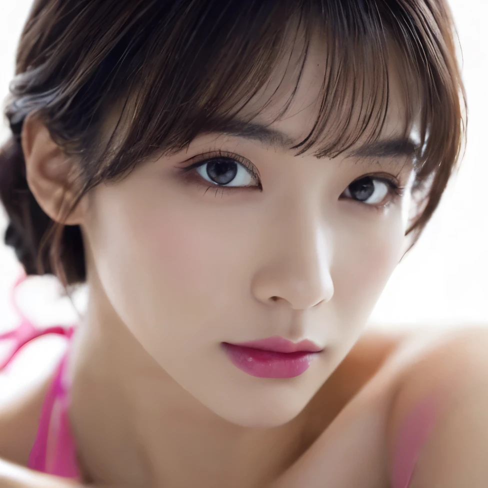 breast enhancement:1.3、1 girl, ((Wearing pink make-up:1.4))、Lighting on face:1.5、(Wearing a strapless micro bikini:1.5), Very beautiful Japanese idol portraits, looking at the camera、
(RAW Photos, highest quality), (Realistic, Realistic:1.4), (masterpiece), 
Very delicate and beautiful, Very detailed, 2k wallpaper, wonderful, finely, Very detailed CG Unity 8K 壁紙, Very detailed, High resolution, Soft Light, 
Beautiful detailed girl, Very detailed目と顔, Beautiful and sophisticated nose, Big beautiful eyes, Cinema Lighting, 
(Simple light color background:1.3),
(Blonde medium hair), (Parted bangs), 
Complete Anatomy, Slender body,Small breasts, Sensual look