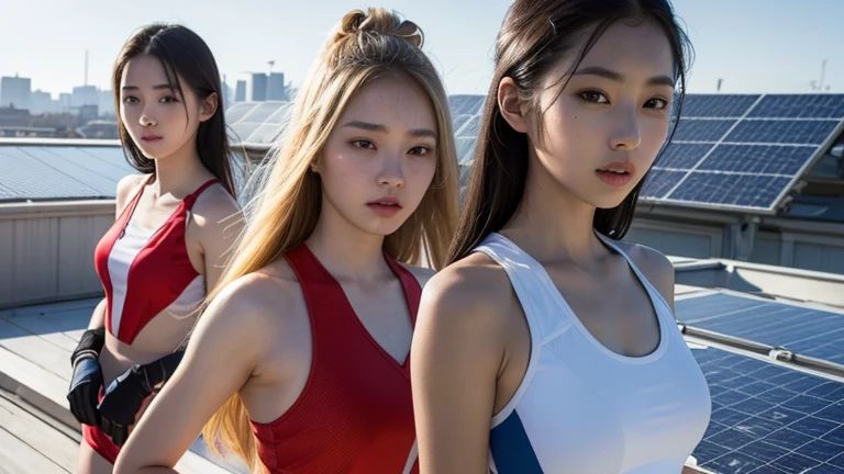 A beautiful detailed portrait of teenage Korean girls, wearing stylish athletic clothing that accentuates their slender figures, standing on a rooftop with solar panels in the background, (best quality,4k,8k,highres,masterpiece:1.2),ultra-detailed,(realistic,photorealistic,photo-realistic:1.37),extremely detailed eyes and face,longeyelashes,beautiful detailed lips,portrait,fashion,sports,roof,solar panels,slender,standing,3girls,highly detailed,vivid colors,dramatic lighting
