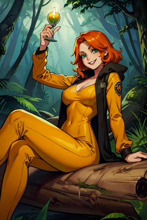 An orange haired female reaper with green eyes with an hourglass figure in yellow jumpsuit is smiling while sitting on a log in the creepy forest 