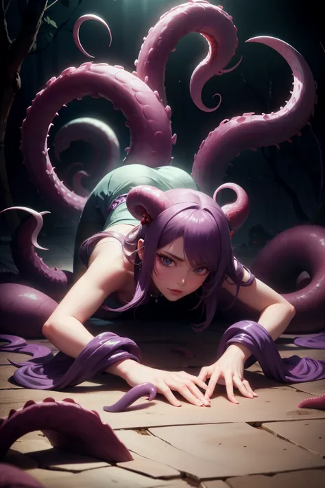 garota com cabelo branco, in a sensual pose crawling on the floor, tentaculos roxos, detalhes prateados, fictional figure with s...