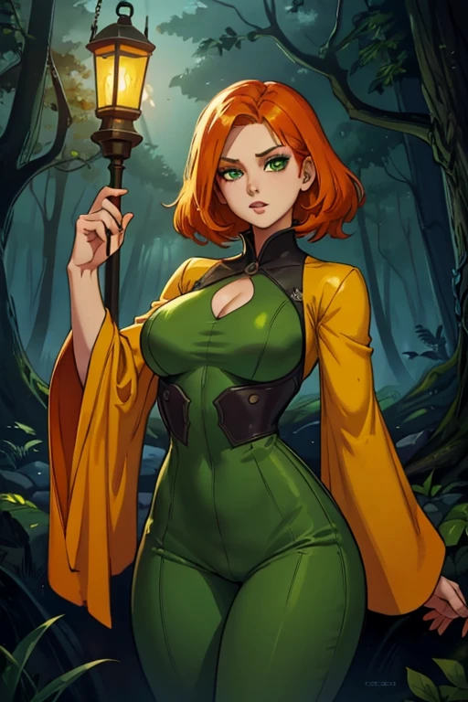 An orange haired female reaper with green eyes with an hourglass figure in yellow jumpsuit is holding a lantern in the creepy forest