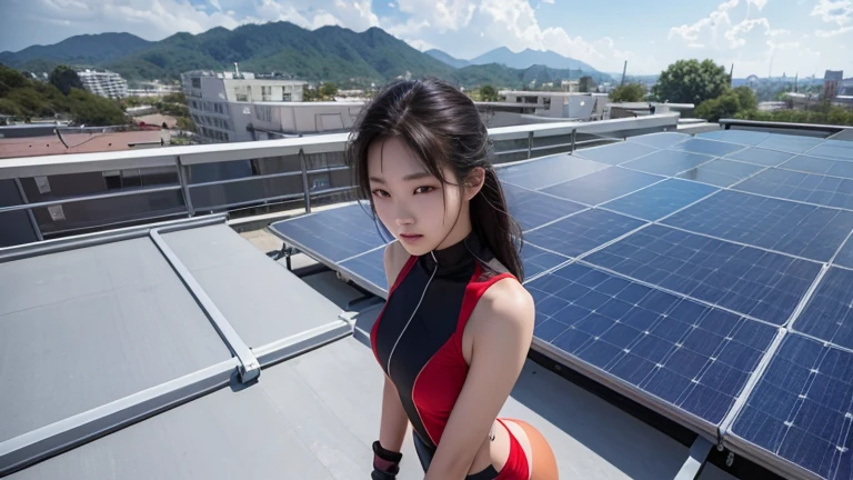 a high quality 3d render of beautiful 15-year-old korean girls with slender figures, detailed facial features, long eyelashes, wearing tight fitting sports fashion that hug their bodies, standing on the roof of a building with solar panels on the back, looking off into the distance, natural lighting, realistic photographic detail, cinematic composition