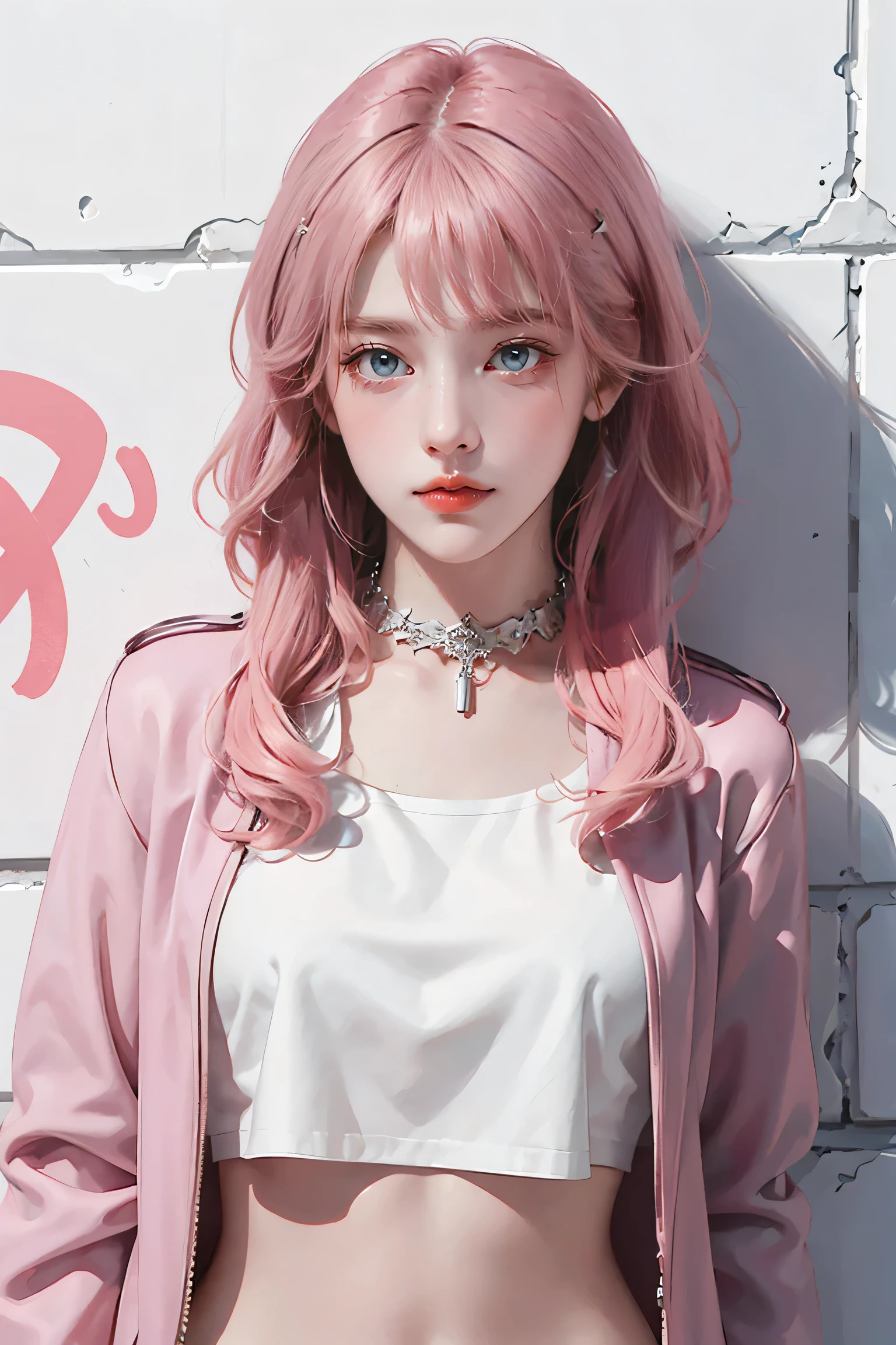 (NSFW:1.2),(masterpiece, highest quality, One girl, alone, Intricate details, chromatic aberration), Realistic, ((Medium breath)),Long Hair, Pink Hair, pink highlights, Hair on one eye,Purple eyes, Earrings, Sharp eyes, choker, Neon Shirt, Open jacket, Crop top, (Symmetrical eyes),(Perfectly symmetrical body),Against the wall, Brick wall, graffiti, Dim lighting, alley ,View the viewer