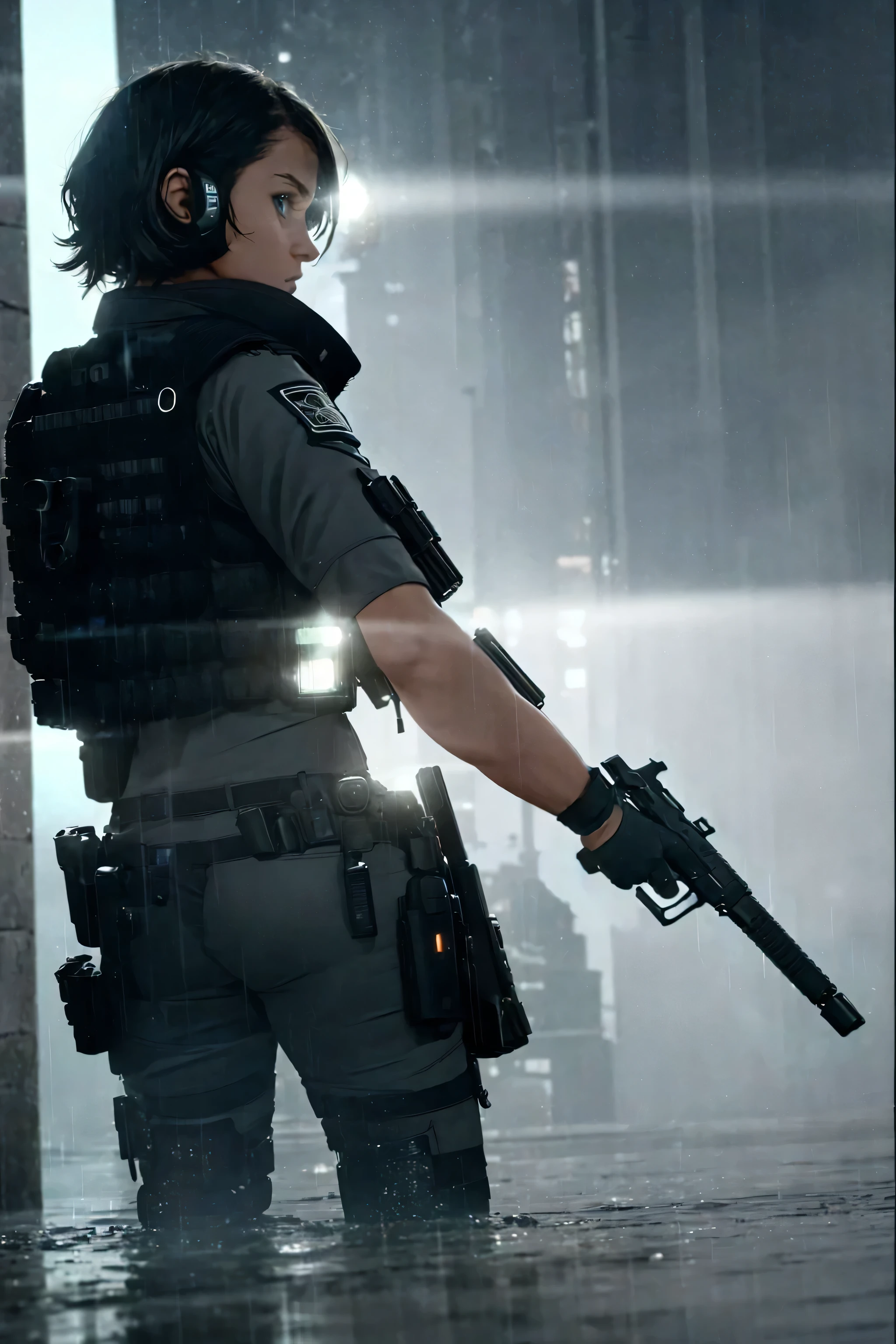 (masterpiece, photorealistic, 8k), 1girl, short hair, police officer, ballistic vest, futuristic city, raining night, patrol car, (siren lights), (backlight:1.6), looking at viewer, realistic, extremely detailed eyes and face, cinematic lighting, dramatic lighting, rainy atmosphere, rain drops, moody colors, dark tones, close