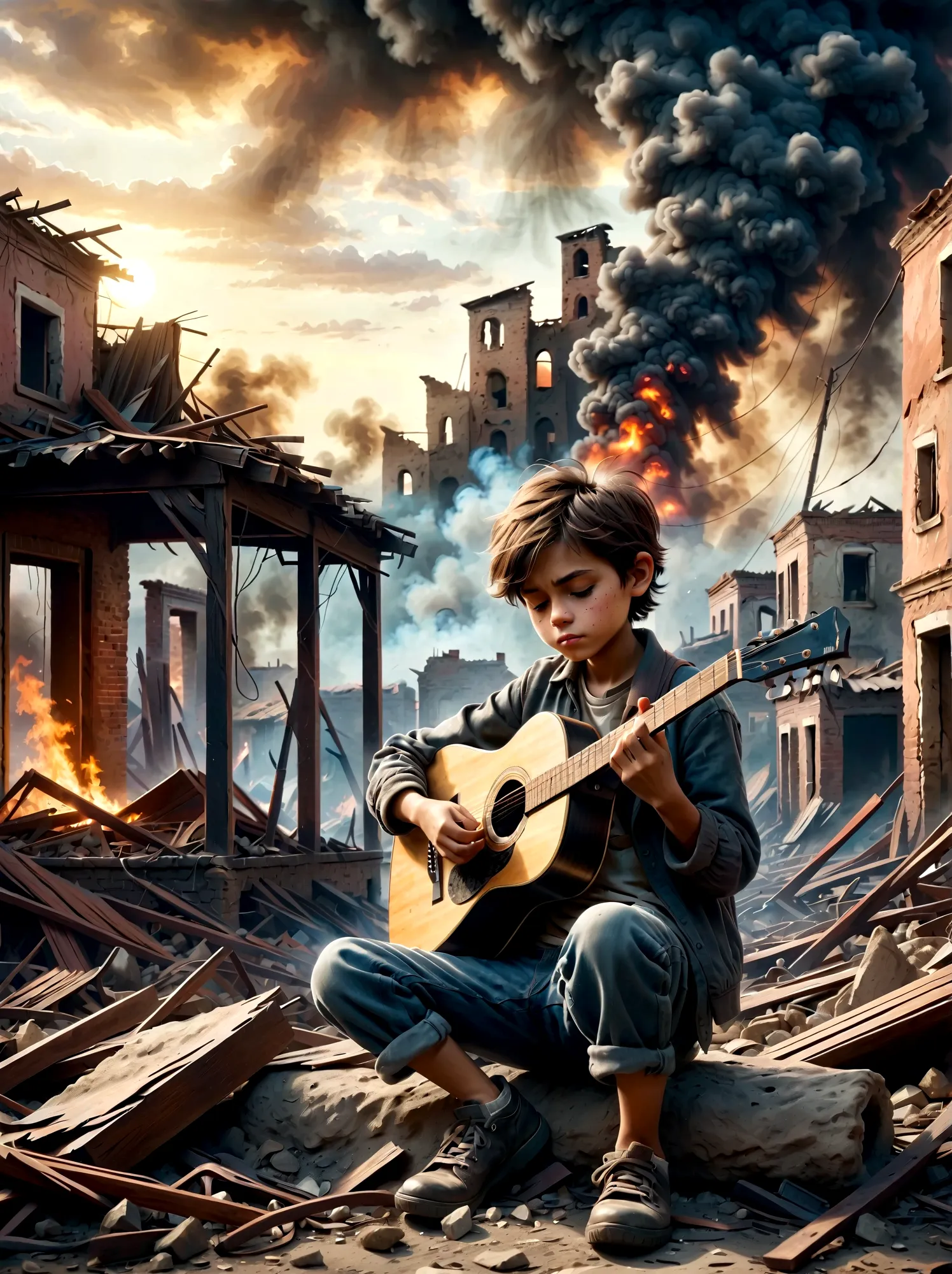 In the midst of a war-torn, smoky ruin, a  child is playing a guitar. The scene captures the stark contrast between the devastat...