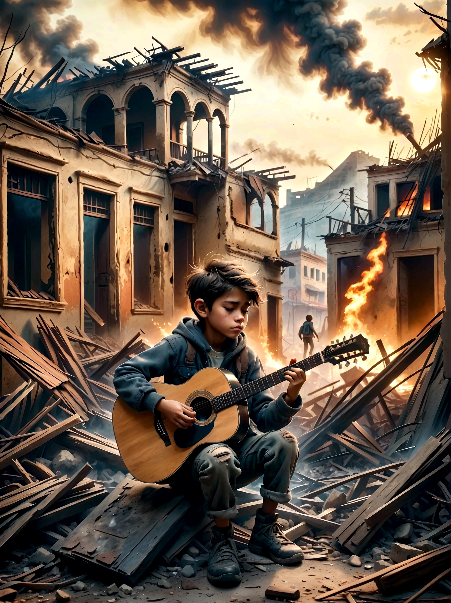 Посреди раздираемой войной, дымные руины, ребенок играет на гитаре. Сцена демонстрирует резкий контраст между опустошением окружающей среды и невинностью людей. . Руины заполнены обломками и остатками построек., с дымом и огнем на заднем плане. Выражение лица ребенка мрачное, отражающее суровую реальность ситуации. Общее настроение острое и эмоциональное., с приглушенными цветами и драматическим освещением, чтобы подчеркнуть отчаяние и проблеск надежды, представленные музыкой..