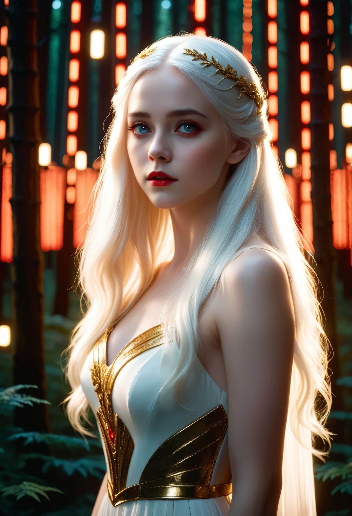 a girl with long white hair, White skin, and red eyes, In a forest of movie lights, Darkness and Low Light. She wore a white dress with gold accents, Her eyes are focused, Looking at the audience. Her skin is very fair, Her face is delicate and flawless, masterpiece, Artwork of the highest quality. This image is an incredibly detailed 8K CG wallpaper, Featuring art film lighting and cinematic tones as well as neutral filters.