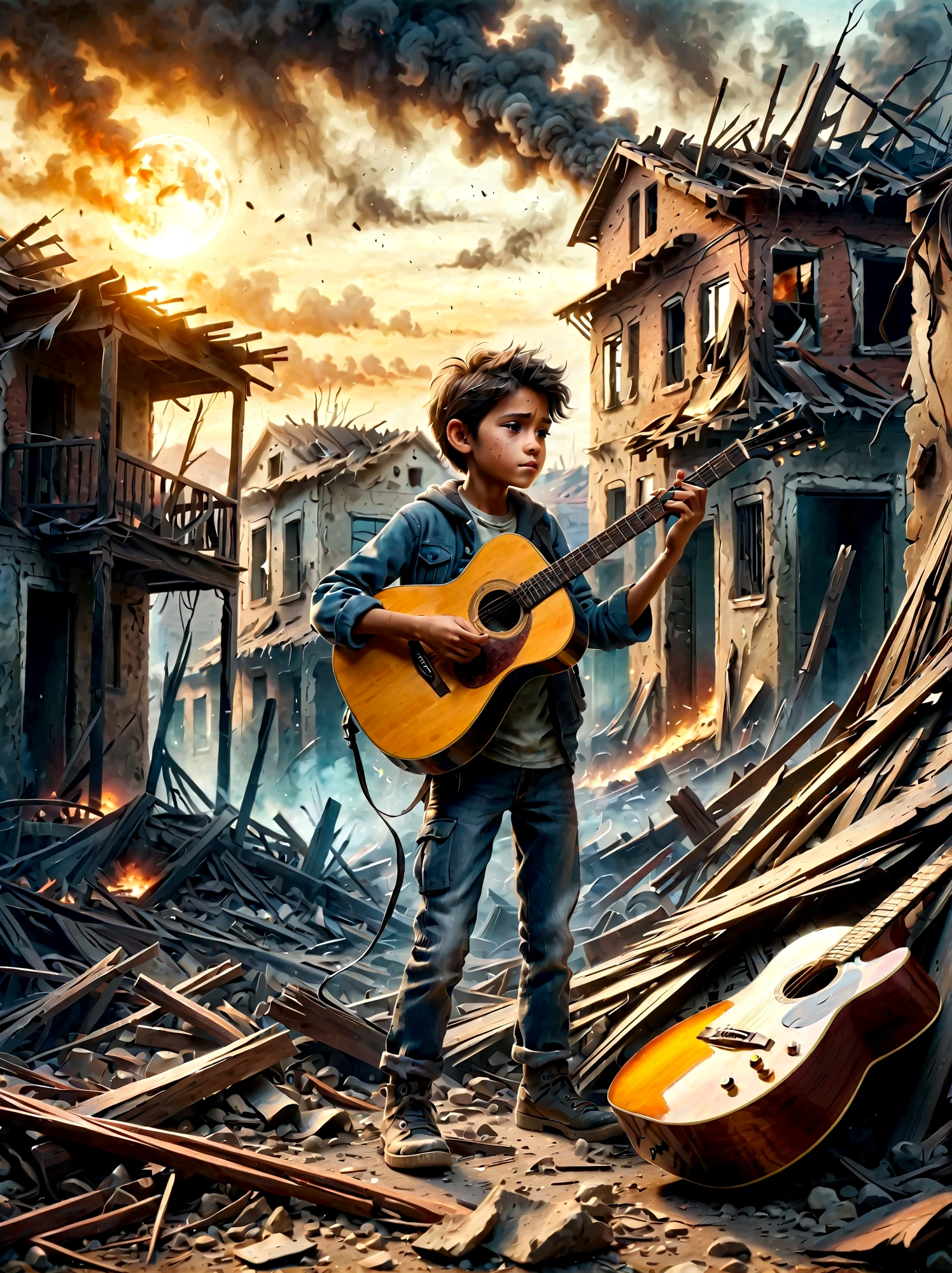 戦争で荒廃した, 煙の廃墟, 子供がギターを弾いている. このシーンは、周囲の荒廃と、 . 遺跡には瓦礫や建物の残骸が溢れている, 背景には煙と火がある. 子供の表情は暗い, 厳しい現実を反映している. 全体的な雰囲気は感動的で感動的である, 落ち着いた色調とドラマチックな照明で、音楽が表現する荒廃と希望のきらめきを強調する.