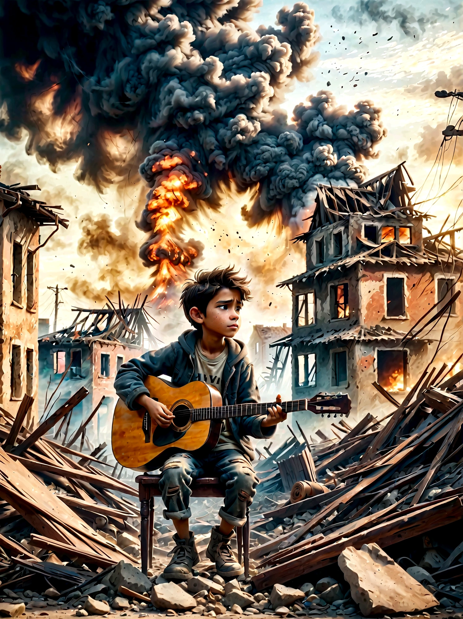 戦争で荒廃した, 煙の廃墟, 子供がギターを弾いている. このシーンは、周囲の荒廃と、 . 遺跡には瓦礫や建物の残骸が溢れている, 背景には煙と火がある. 子供の表情は暗い, 厳しい現実を反映している. 全体的な雰囲気は感動的で感動的である, 落ち着いた色調とドラマチックな照明で、音楽が表現する荒廃と希望のきらめきを強調する.