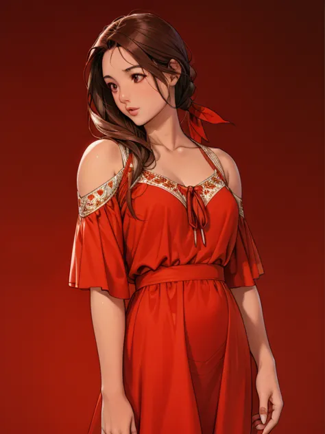 10 years of life, Brown Hair, Fair skin, Realistic, Long hair tied with a red ribbon, Light brown eyes, Red dress, 8k images, Re...