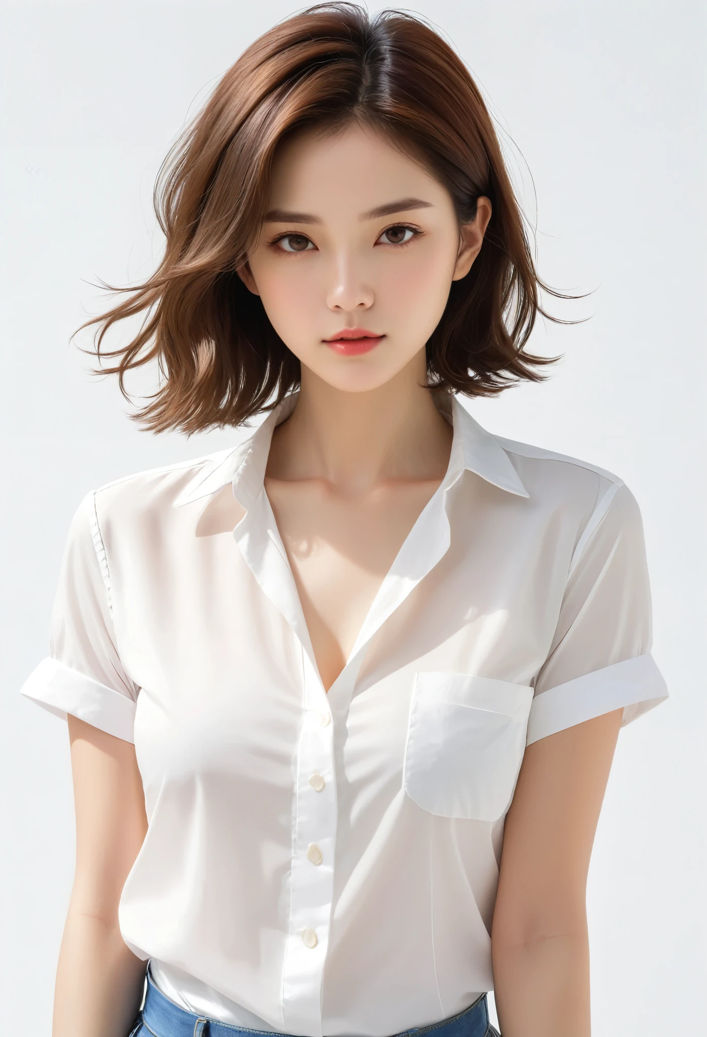 (masterpiece, best quality,:1.2), 1 Girl, (Solitary:1.3), Upper Body, White shirt, Short sleeve, , (Deadly, Practical, real life, exception, best aesthetics, new, newest, best quality, masterpiece:1.2), Soft_light, Soft_skin_Tone, woman_hair, (White background, Simple background,:1.2),