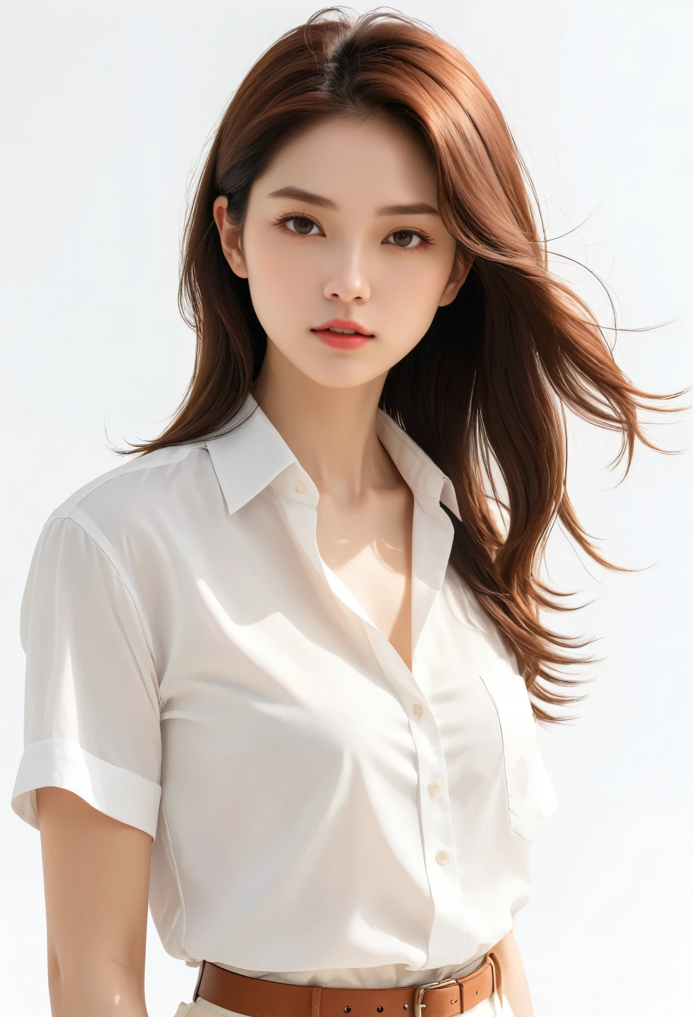 (masterpiece, best quality,:1.2), 1 Girl, (Solitary:1.3), Upper Body, White shirt, Short sleeve, , (Deadly, Practical, real life, exception, best aesthetics, new, newest, best quality, masterpiece:1.2), Soft_light, Soft_skin_Tone, woman_hair, (White background, Simple background,:1.2),