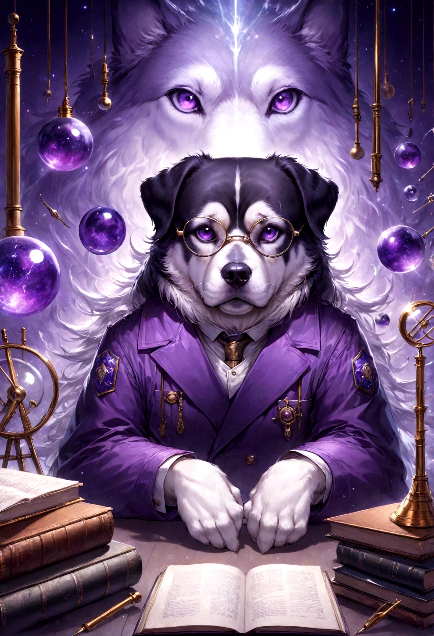 Create an image of a dog with a unique perspective and active intellect, symbolizing the traits of a logician. The dog should have an intelligent and curious expression, wearing a pair of glasses to emphasize its scholarly nature. The scene should include elements that evoke a sense of deep thought and creativity, such as books, scientific instruments, or abstract symbols. The primary theme color should be purple, with the dog's fur or background featuring various shades of purple to highlight its uniqueness and creative spirit. The overall atmosphere should be one of intellectual curiosity and originality, capturing the essence of influential philosophers and scientists.