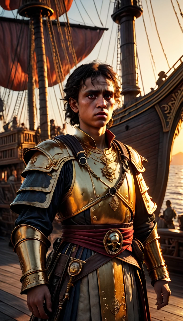 As the sun began to set, The warm golden hues of the sun illuminated his ornate attire, casting a warm glow across the area, Julius Caesar writing poetry on a pirate ship, background dark, hyper realistic, ultra detailed hyper realistic, photorealistic, Studio Lighting, reflections, dynamic pose, Cinematic, Color Grading, Photography, Shot on 50mm lens, Ultra-Wide Angle, Depth of Field, hyper-detailed, beautifully color, 8k, golden light from the front,