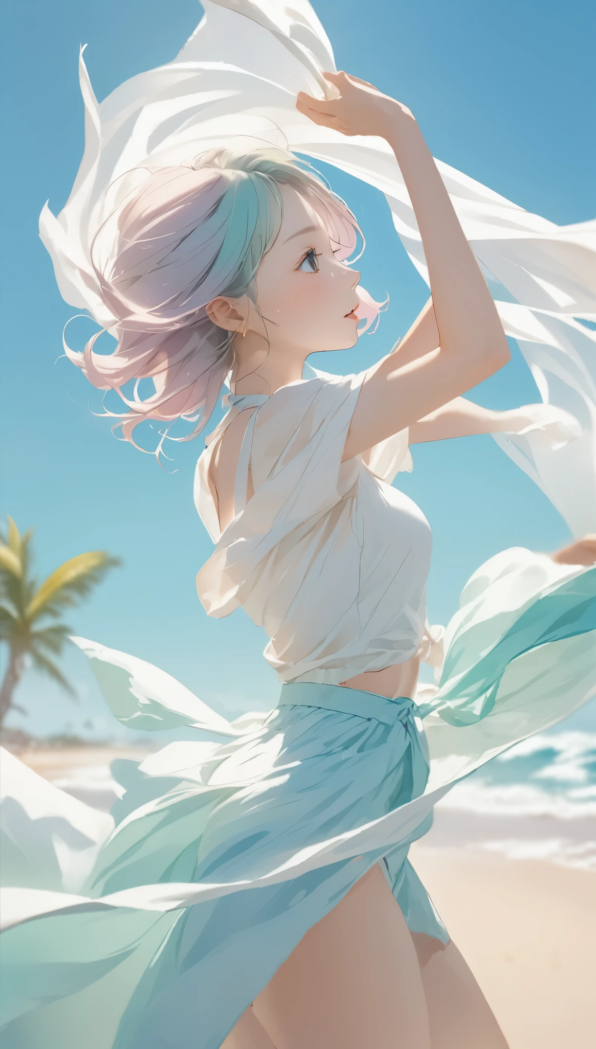 Cute girl drawn in pastel colors, Summer cloth around her, Dancing in the Wind, High quality drawings.