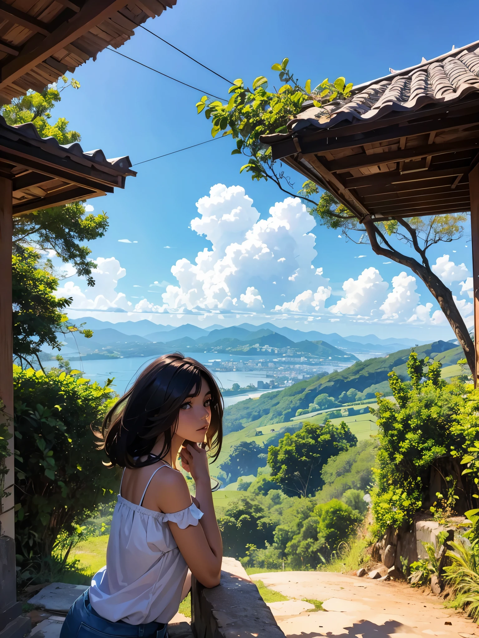 Cabelo flutuando no ar, Vista traseira, Olhe para o sol, Lá&#39;uma nave estelar no céu, Três sóis, Uma garotinha de cabelo preto,  de 12 anos, Parado na estepe, paisagem, universo, 8K, super detalhe