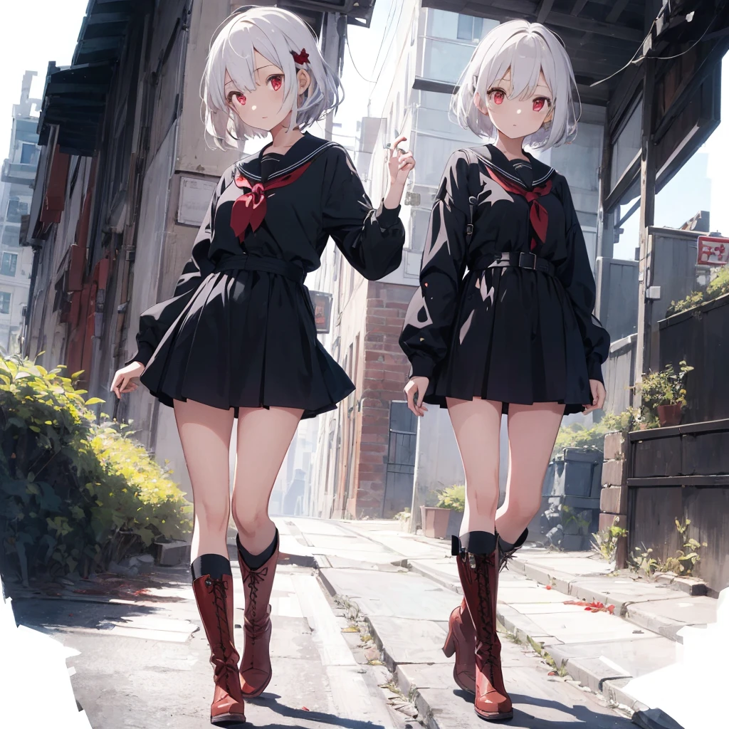 1girl、(masterpiece, highest quality),(Detailed Hair), Super detailed, Anime Style, whole body, High school girls、Wearing a black sailor suit、Milky white hair with red inner color、short hair、Red eyes、 Wearing long boots, Digital Painting, 8K High Resolution, whole body, White Background, Dynamic pose、Standing on the desolate land、Large Blade、Vampire Hunter、Dynamic composition、Reaper&#39;s Scythe、