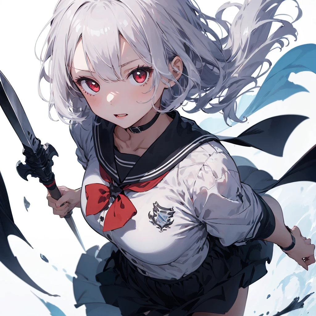 (((1girl)))、(Masterpiece, highest quality、The best dynamic composition、Official Art),(Detailed Hair), Super detailed, Anime Style, whole body, High school girls、Wearing a black sailor suit、Milky white hair with red inner color、short hair、Red eyes、 Wearing long boots, Digital Painting, 8K High Resolution, whole body, White Background, Dynamic pose、Standing on the desolate land、Large Blade、Vampire Hunter、Dynamic composition、Reaper&#39;s Scythe、