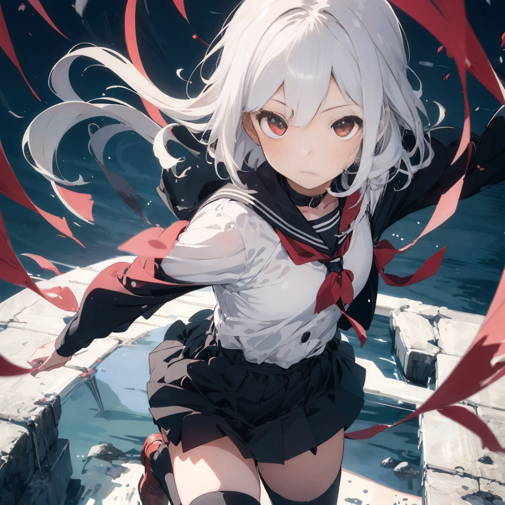 (((1girl)))、(Masterpiece, highest quality、The best dynamic composition、Official Art),(Detailed Hair), Super detailed, Anime Style, whole body, High school girls、Wearing a black sailor suit、Milky white hair with red inner color、short hair、Red eyes、 Wearing long boots, Digital Painting, 8K High Resolution, whole body, White Background, Dynamic pose、Standing on the desolate land、Large Blade、Vampire Hunter、Dynamic composition、Reaper&#39;s Scythe、