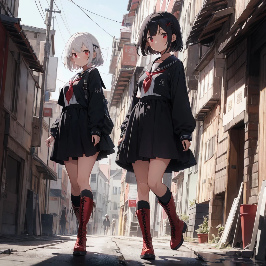 (((1girl)))、(Masterpiece, highest quality、The best dynamic composition、Official Art、ultra detailed),(Detailed Hair), Super detailed, Anime Style, whole body, High school girls、Wearing a black sailor suit、Milky white hair with red inner color、short hair、Red eyes、 Wearing long boots, Digital Painting, 8K High Resolution, whole body, White Background, Dynamic pose、Standing on the desolate land、Large Blade、Vampire Hunter、Dynamic composition、Reaper&#39;s Scythe、