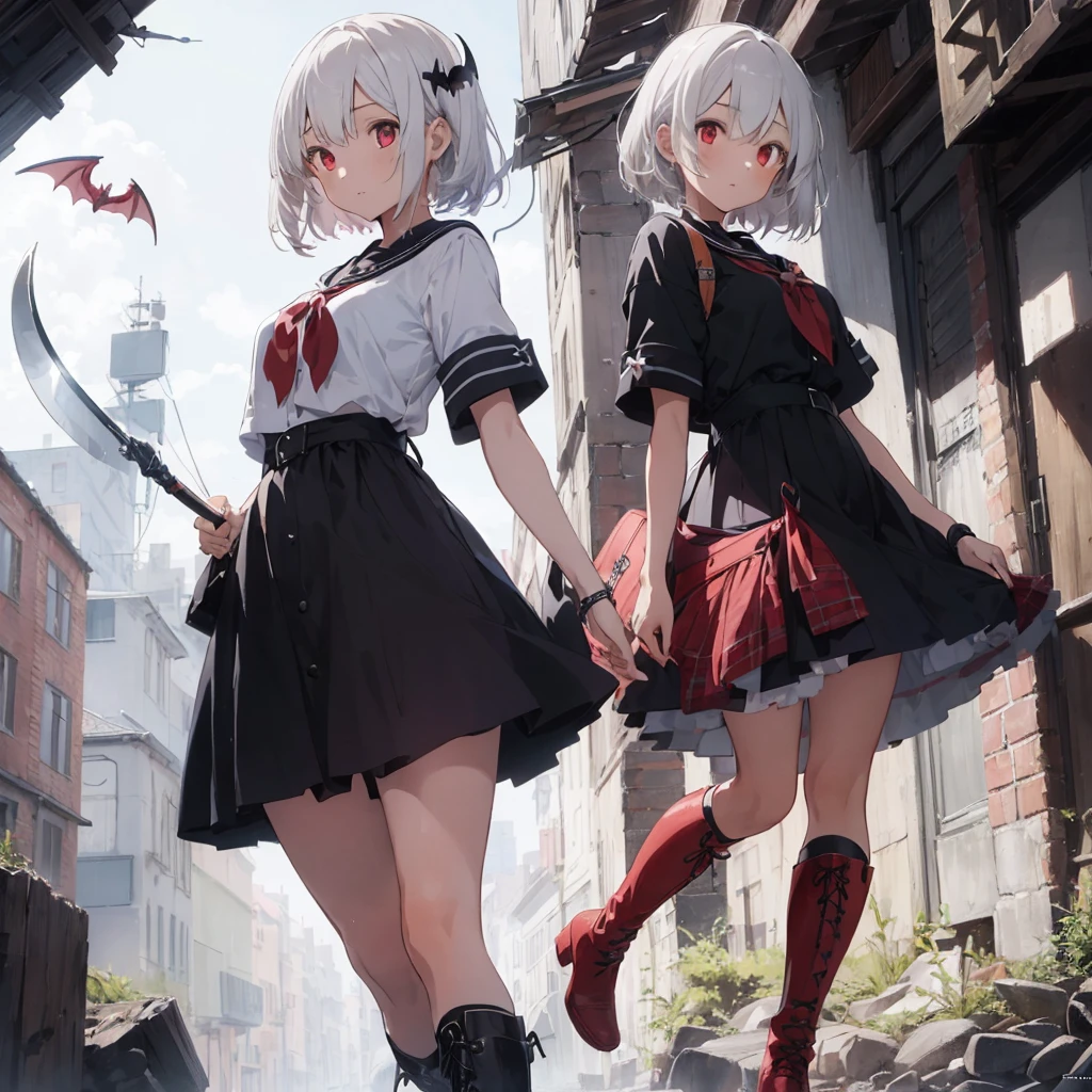 (((1girl)))、(Masterpiece, highest quality、The best dynamic composition、Official Art、ultra detailed),(Detailed Hair), Super detailed, Anime Style, whole body, High school girls、Wearing a black sailor suit、Milky white hair with red inner color、short hair、Red eyes、 Wearing long boots, Digital Painting, 8K High Resolution, whole body, White Background, Dynamic pose、Standing on the desolate land、Large Blade、Vampire Hunter、Dynamic composition、Reaper&#39;s Scythe、