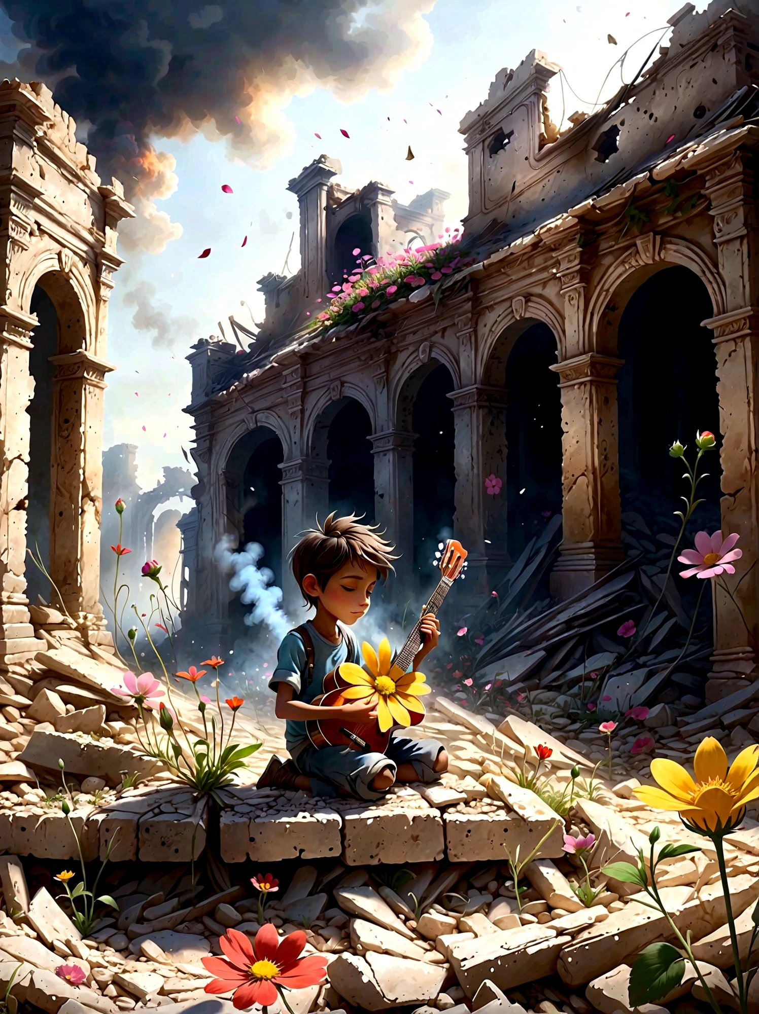In the midst of a war-torn, smoky ruin, a child is playing a guitar. The scene captures the stark contrast between the devastation of the surroundings and the innocence of the . The ruins are filled with debris and remnants of buildings, with smoke and fire in the background. The child's expression is somber, reflecting the harsh reality of the situation. The overall mood is poignant and emotional, with muted colors and dramatic lighting to emphasize the desolation and the glimmer of hope represented by the music，(A tenacious little flower grows in the ruins:1.6)