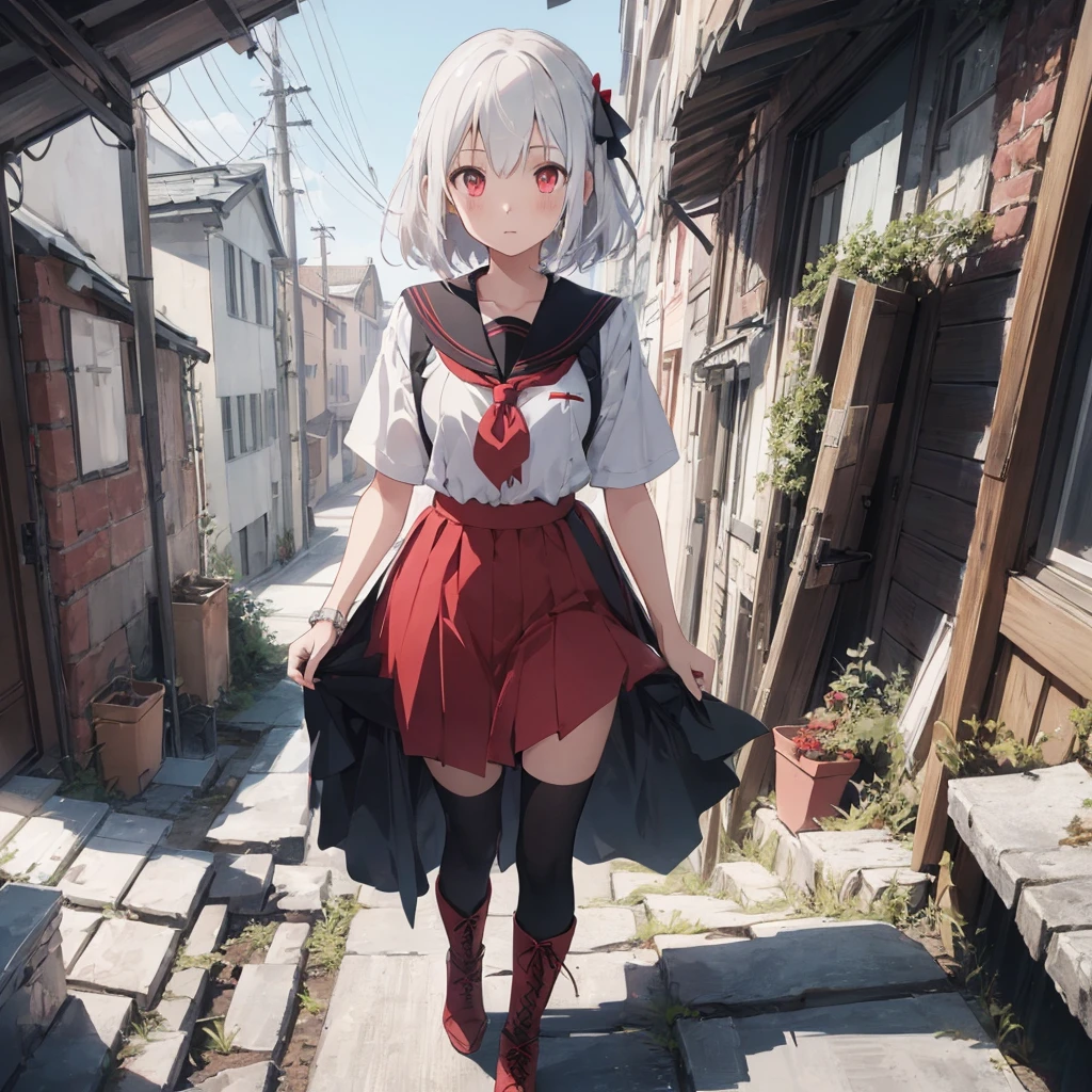 (((1girl)))、(Masterpiece, highest quality、The best dynamic composition、Official Art、ultra detailed),(Detailed Hair), Super detailed, Anime Style, whole body, High school girls、Wearing a black sailor suit、Milky white hair with red inner color、short hair、Red eyes、 Wearing long boots, Digital Painting, 8K High Resolution, whole body, White Background, Dynamic pose、Standing on the desolate land、Large Blade、Vampire Hunter、Dynamic composition、Reaper&#39;s Scythe、