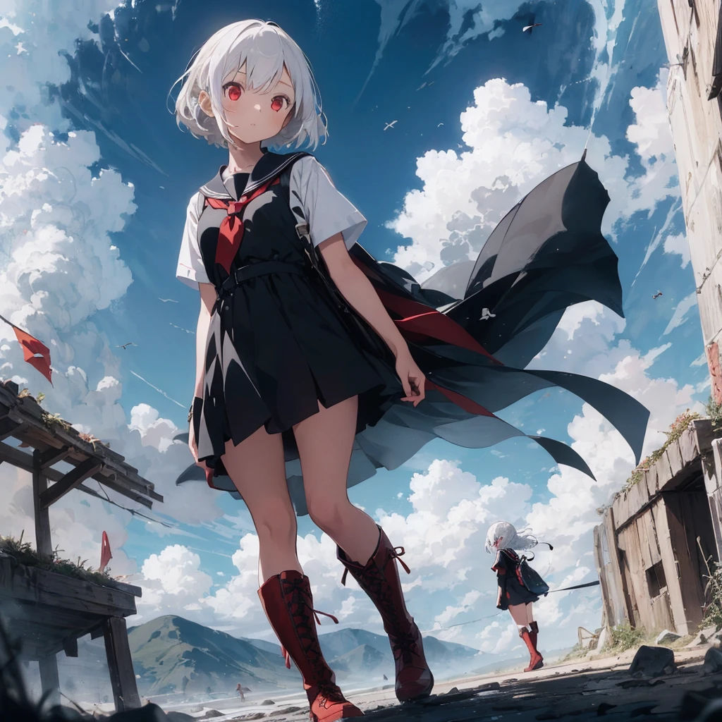 (((1girl)))、(Masterpiece, highest quality、The best dynamic composition、Official Art、ultra detailed),(Detailed Hair), Super detailed, Anime Style, whole body, High school girls、Wearing a black sailor suit、Milky white hair with red inner color、short hair、Red eyes、 Wearing long boots, Digital Painting, 8K High Resolution, whole body, White Background, Dynamic pose、Standing on the desolate land、Large Blade、Vampire Hunter、Dynamic composition、Reaper&#39;s Scythe、