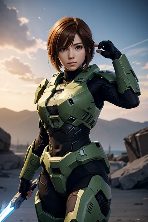 Image from the video game Halo but the character is female and an Anime version 
