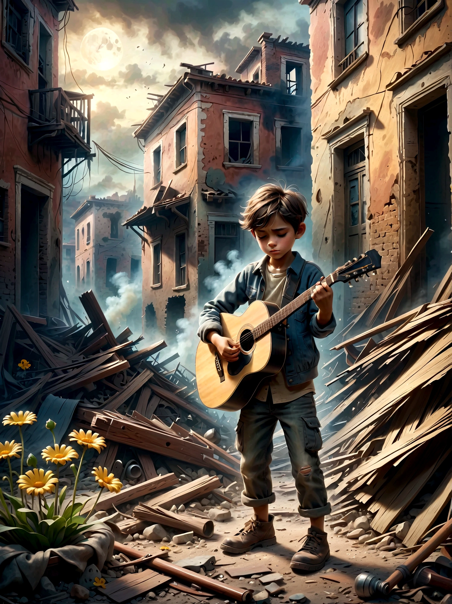 Посреди раздираемой войной, дымные руины, ребенок играет на гитаре, (У ребенка растет живучий цветочек&#39;ноги), Сцена демонстрирует резкий контраст между опустошением окружающей среды и невинностью людей. . Руины заполнены обломками и остатками построек., с дымом и огнем на заднем плане. Выражение лица ребенка мрачное, отражающее суровую реальность ситуации. Общее настроение острое и эмоциональное., с приглушенными цветами и драматическим освещением, чтобы подчеркнуть отчаяние и проблеск надежды, представленные музыкой..