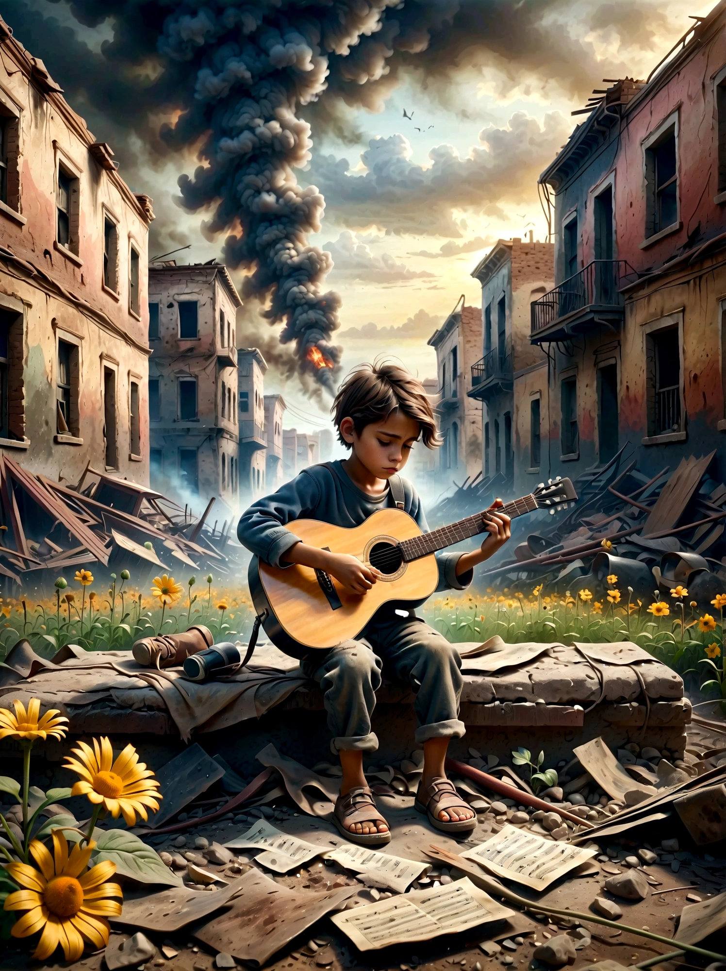 In the midst of a war-torn, smoky ruin, a  child is playing a guitar, (A tenacious little flower grows at the child&#39;s feet), The scene captures the stark contrast between the devastation of the surroundings and the innocence of the . The ruins are filled with debris and remnants of buildings, with smoke and fire in the background. The child's expression is somber, reflecting the harsh reality of the situation. The overall mood is poignant and emotional, with muted colors and dramatic lighting to emphasize the desolation and the glimmer of hope represented by the music.